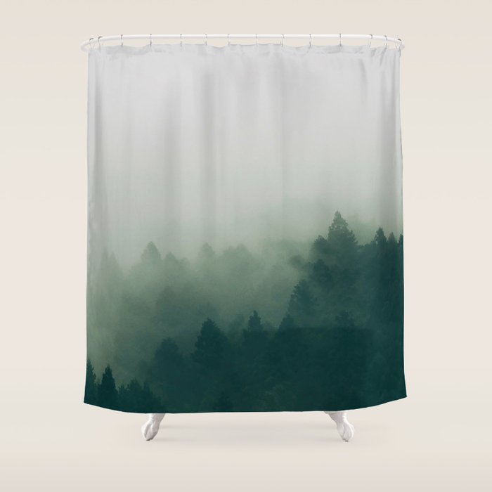 Green Pine Trees Misty Foggy Forest Green Ombre Gradient Minimalist Landscape Shower Curtain