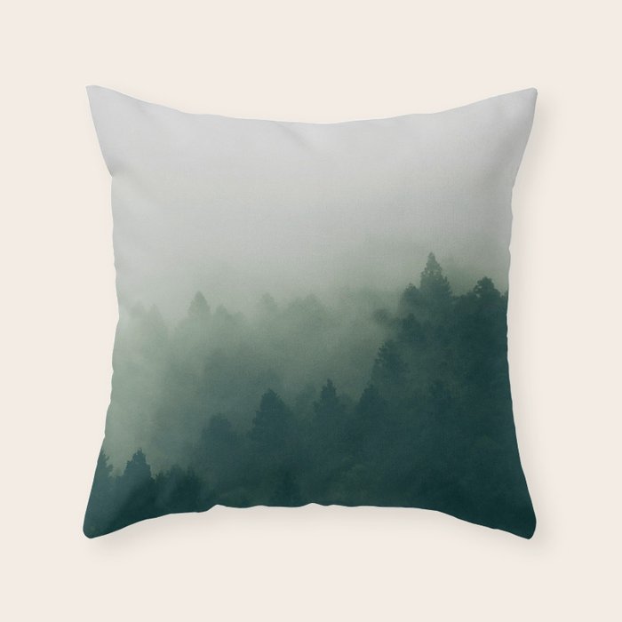 Green Pine Trees Misty Foggy Forest Green Ombre Gradient Minimalist Landscape Throw Pillow