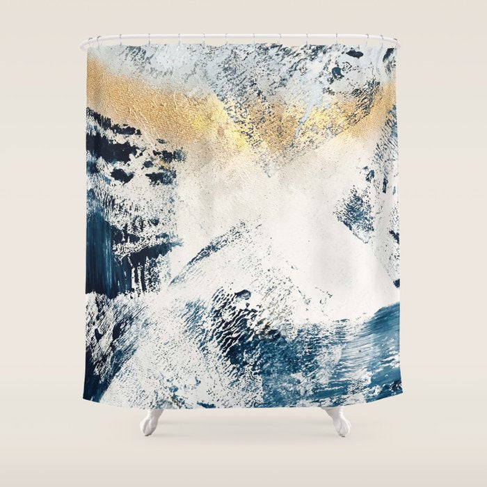 Sunset [1]: A Bright, Colorful Abstract Piece In Blue, Gold, And White By Alyssa Hamilton Art Shower Curtain