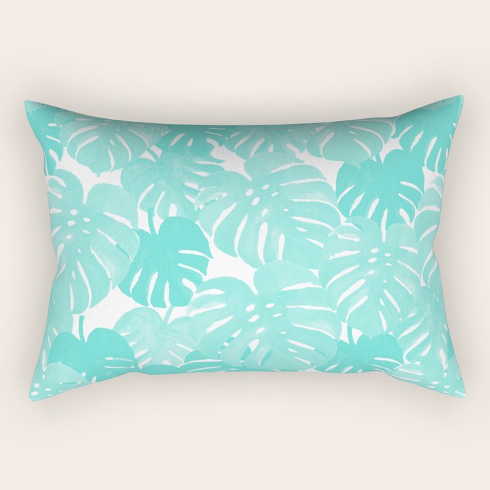 Monstera Tropical Palm Leaves Watercolor Botanical Painting Pastel Blue Decor Rectangular Pillow