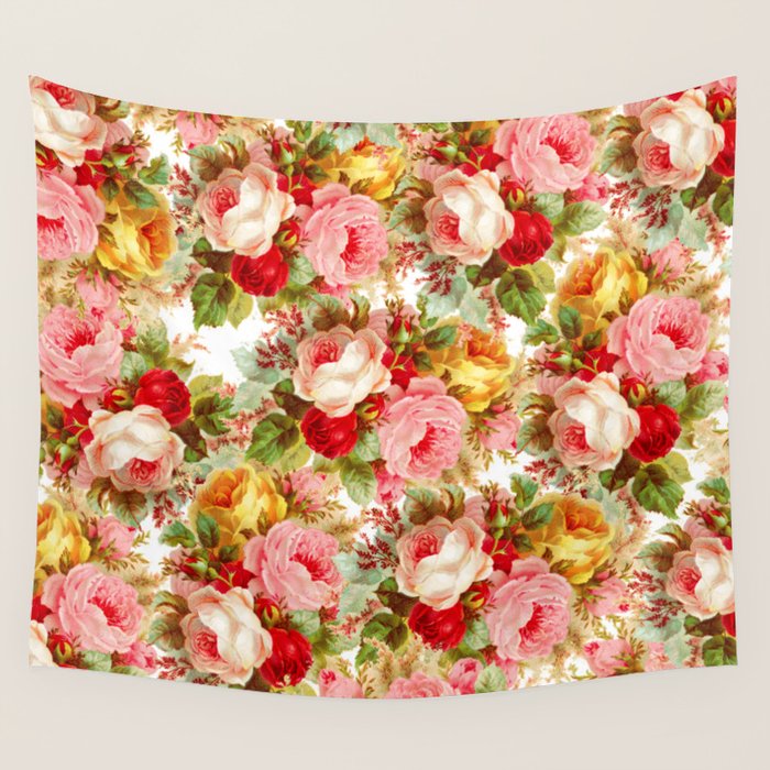 Boho Chic Pink Yellow Red Roses Floral Vintage Painting Wall Tapestry