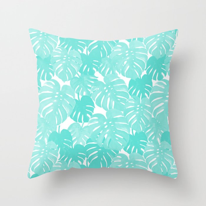 Monstera Tropical Palm Leaves Watercolor Botanical Painting Pastel Blue Decor Throw Pillow