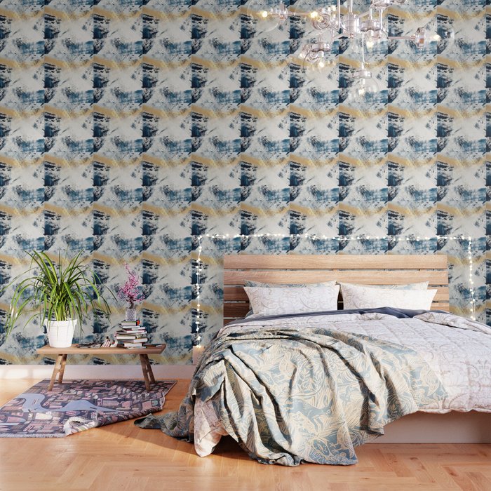 Sunset [1]: A Bright, Colorful Abstract Piece In Blue, Gold, And White By Alyssa Hamilton Art Wallpaper