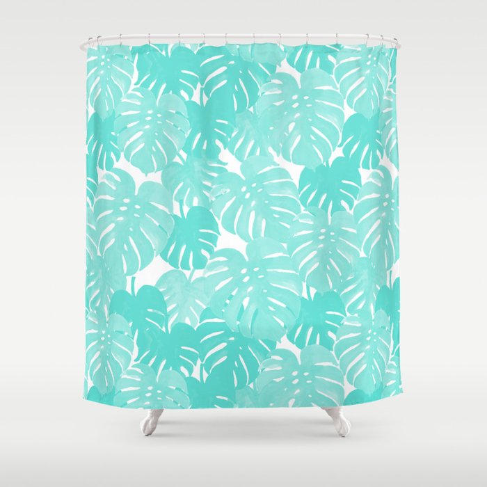 Monstera Tropical Palm Leaves Watercolor Botanical Painting Pastel Blue Decor Shower Curtain