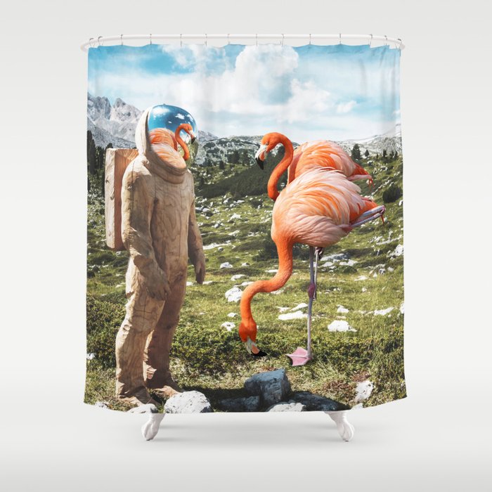 Alternate Reality, Surrealism Digital Photography, Space Flamingo Astronaut Collage Shower Curtain
