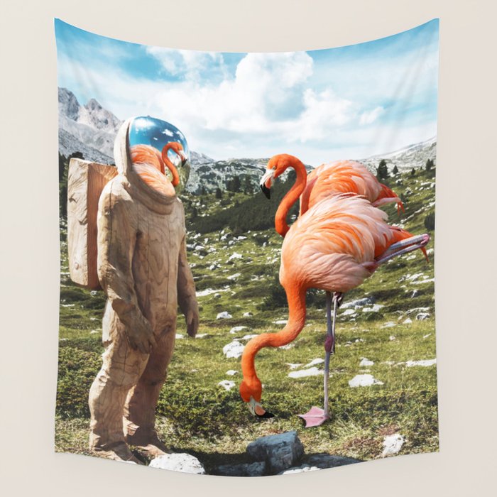 Alternate Reality, Surrealism Digital Photography, Space Flamingo Astronaut Collage Wall Tapestry