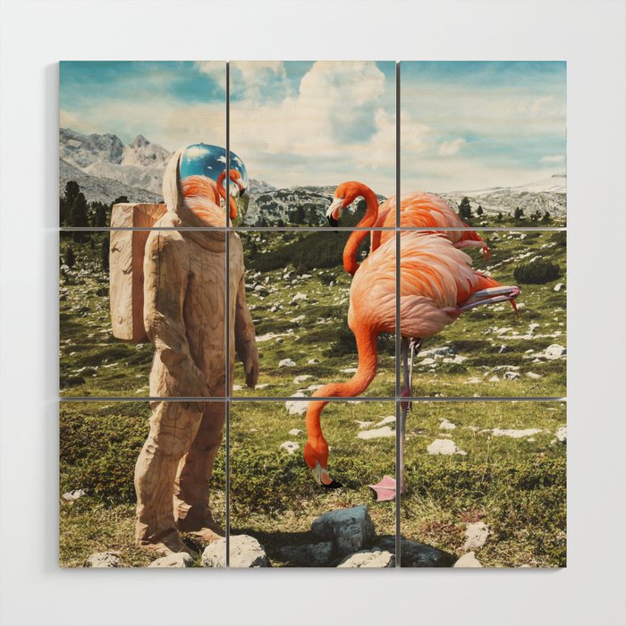 Alternate Reality, Surrealism Digital Photography, Space Flamingo Astronaut Collage Wood Wall Art