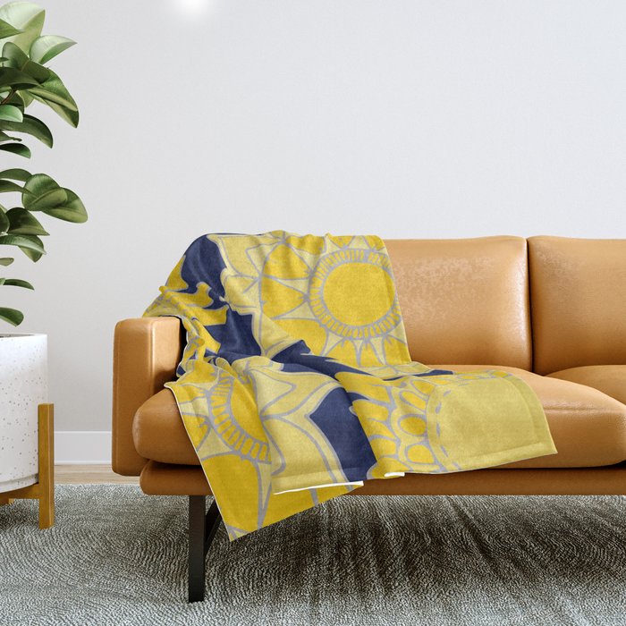 Sunshine Yellow Navy Blue Abstract Floral Mandala Throw Blanket