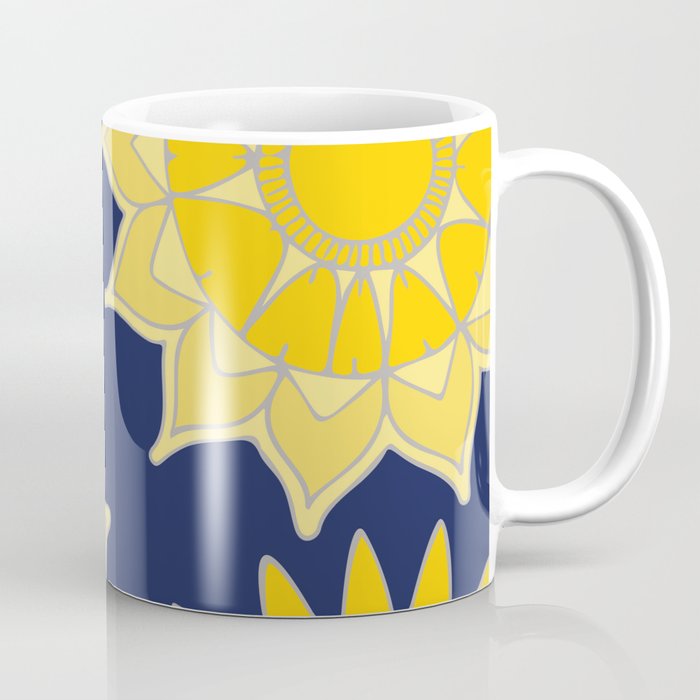Sunshine Yellow Navy Blue Abstract Floral Mandala Coffee Mug