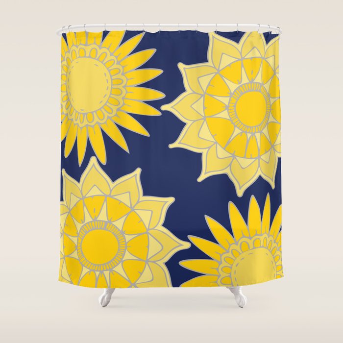 Sunshine Yellow Navy Blue Abstract Floral Mandala Shower Curtain