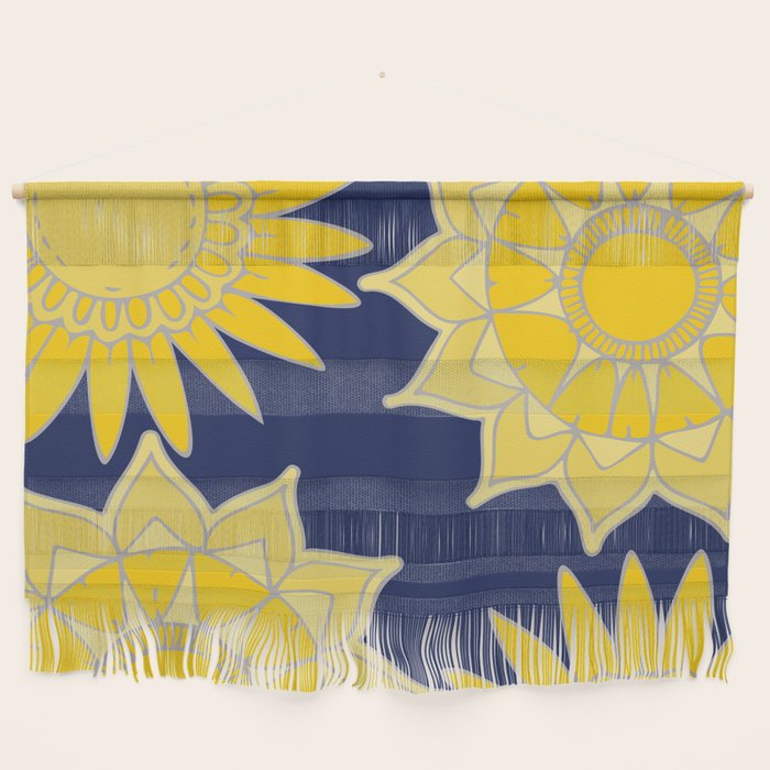 Sunshine Yellow Navy Blue Abstract Floral Mandala Wall Hanging