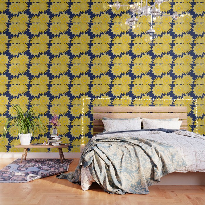 Sunshine Yellow Navy Blue Abstract Floral Mandala Wallpaper