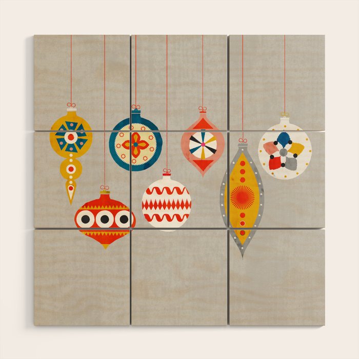 Christmas Retro Baubles No3 Wood Wall Art
