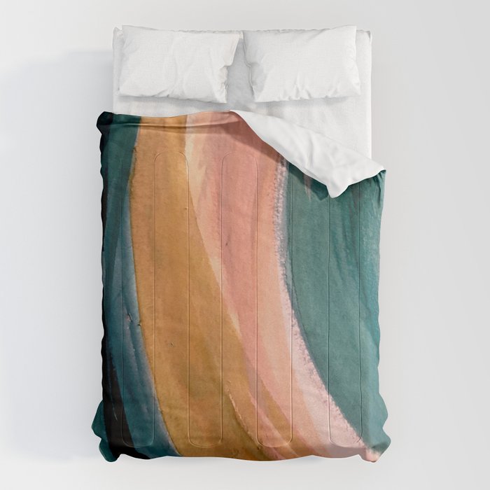 Breathe: A Vibrant Bold Abstract Piece In Greens, Ochre, And Pink Comforter