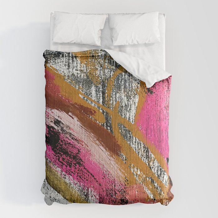 Motivation [3] : A Colorful, Vibrant Abstract Piece In Pink Red, Gold, Black And White Comforter
