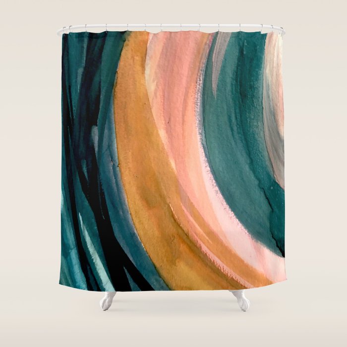 Breathe: A Vibrant Bold Abstract Piece In Greens, Ochre, And Pink Shower Curtain