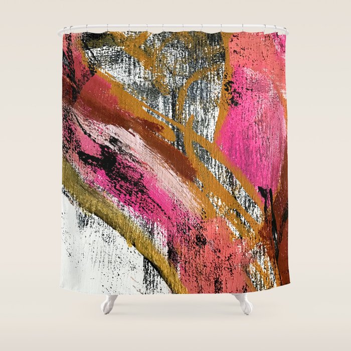 Motivation [3] : A Colorful, Vibrant Abstract Piece In Pink Red, Gold, Black And White Shower Curtain