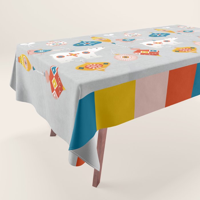 Christmas Vintage Decorations With Bear And Bird Tablecloth