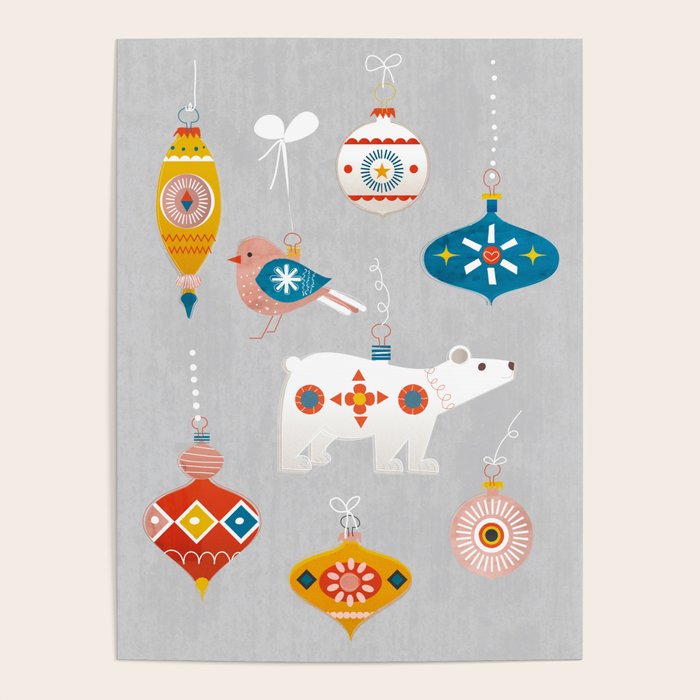 Christmas Vintage Decorations With Bear And Bird Poster