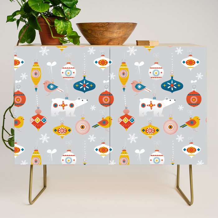 Christmas Vintage Decorations With Bear And Bird Credenza