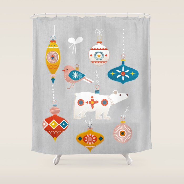 Christmas Vintage Decorations With Bear And Bird Shower Curtain