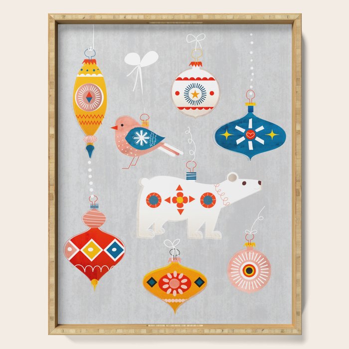 Christmas Vintage Decorations With Bear And Bird Serving Tray