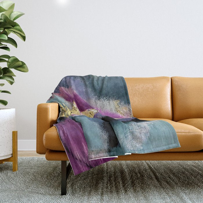 Gemini: A Vibrant, Colorful Abstract Piece In Gold, Purple, Blue, Black, And White Throw Blanket
