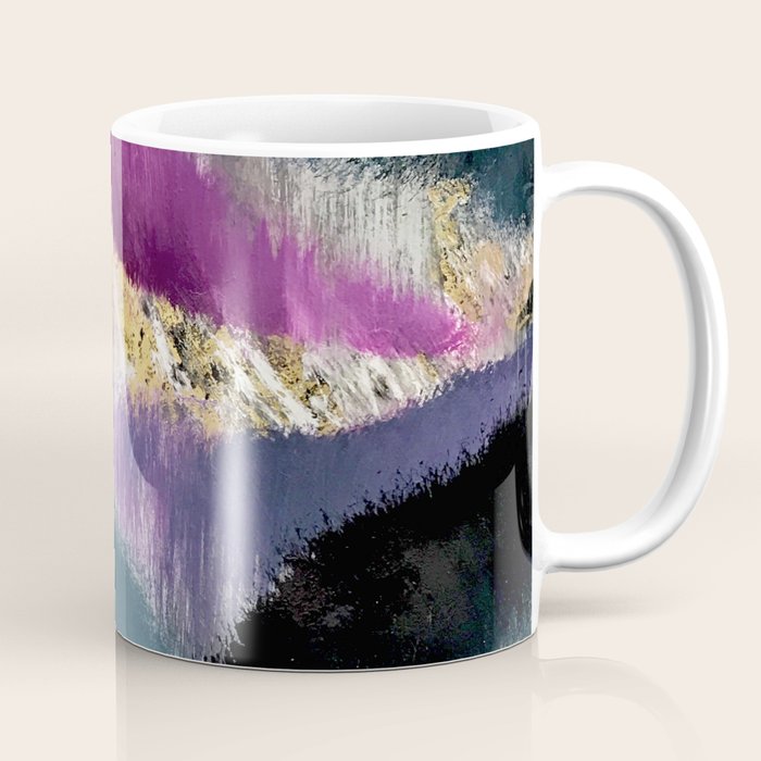 Gemini: A Vibrant, Colorful Abstract Piece In Gold, Purple, Blue, Black, And White Coffee Mug