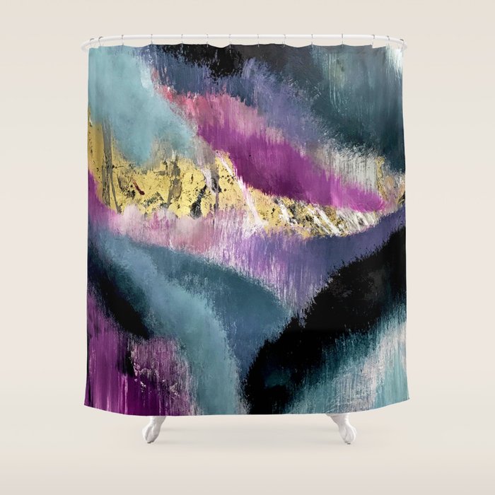 Gemini: A Vibrant, Colorful Abstract Piece In Gold, Purple, Blue, Black, And White Shower Curtain