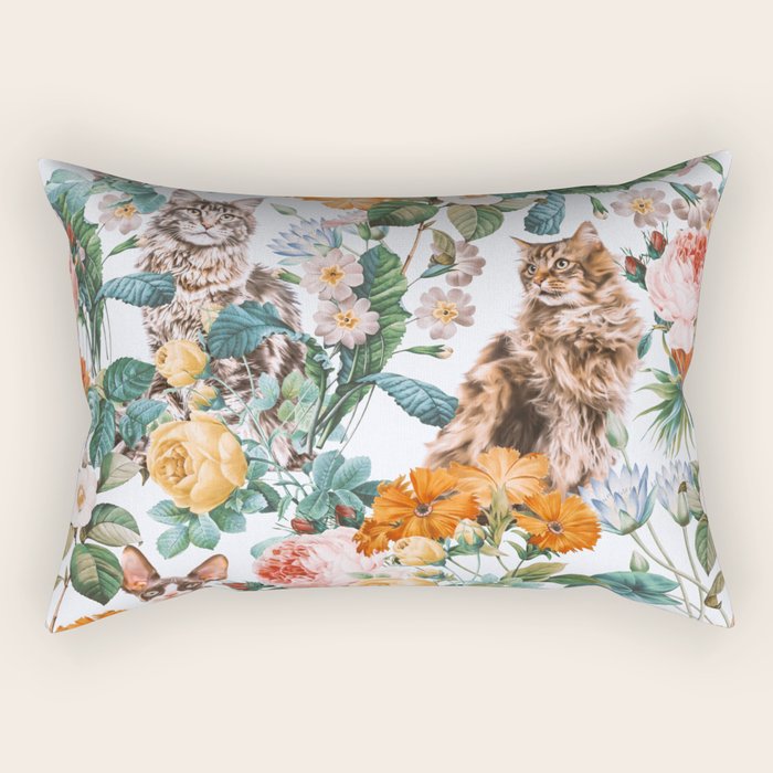 Cat And Floral Pattern Iii Rectangular Pillow