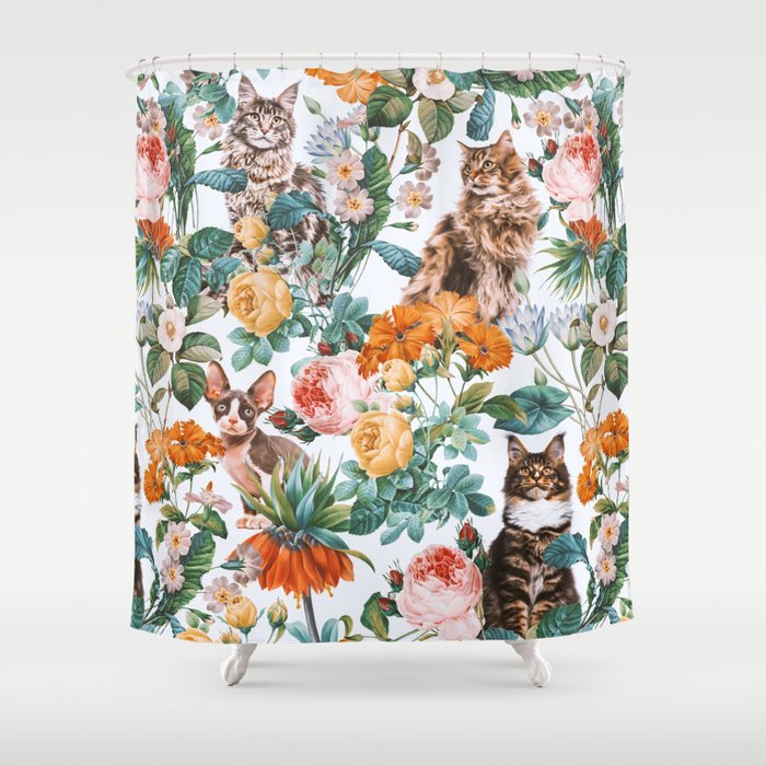 Cat And Floral Pattern Iii Shower Curtain