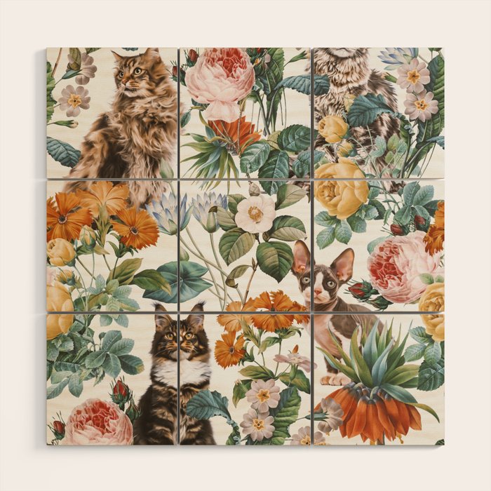 Cat And Floral Pattern Iii Wood Wall Art