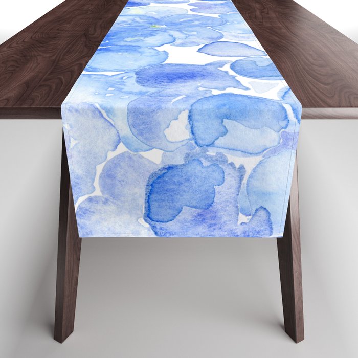 Elegant Purple Blue Hand Painted Watercolor Hortensia Floral Table Runner