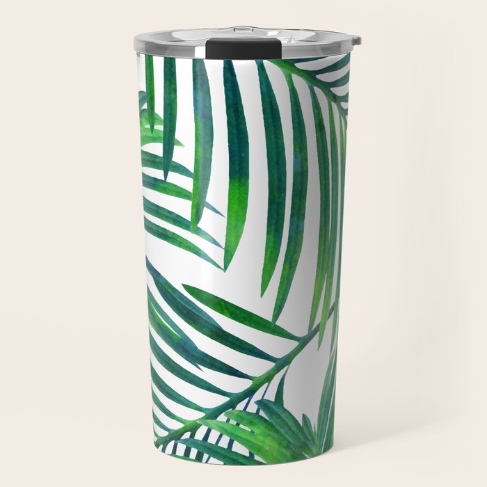 Palm Paradise, Tropical Leaves, Beachy Watercolor Painting, Minimal Nature Botanical Illustration Travel Mug