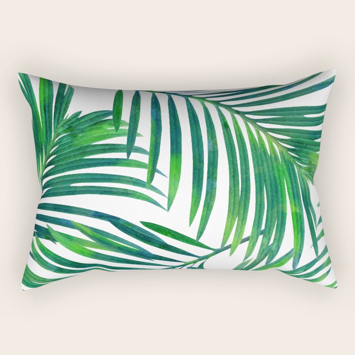 Palm Paradise, Tropical Leaves, Beachy Watercolor Painting, Minimal Nature Botanical Illustration Rectangular Pillow