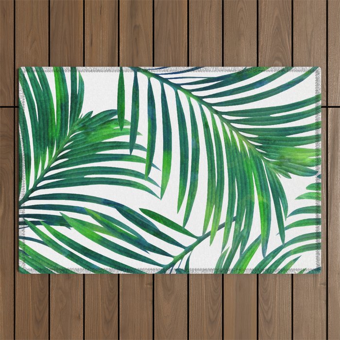 Palm Paradise, Tropical Leaves, Beachy Watercolor Painting, Minimal Nature Botanical Illustration Outdoor Rug