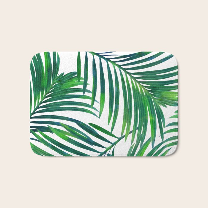 Palm Paradise, Tropical Leaves, Beachy Watercolor Painting, Minimal Nature Botanical Illustration Bath Mat