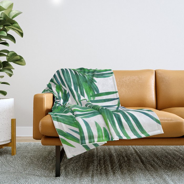 Palm Paradise, Tropical Leaves, Beachy Watercolor Painting, Minimal Nature Botanical Illustration Throw Blanket