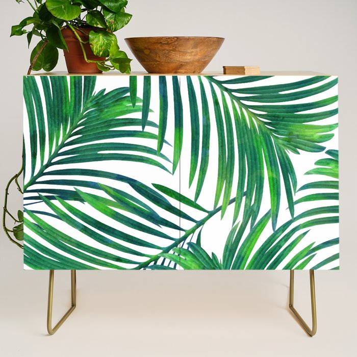 Palm Paradise, Tropical Leaves, Beachy Watercolor Painting, Minimal Nature Botanical Illustration Credenza