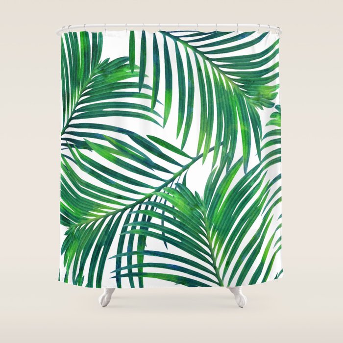 Palm Paradise, Tropical Leaves, Beachy Watercolor Painting, Minimal Nature Botanical Illustration Shower Curtain
