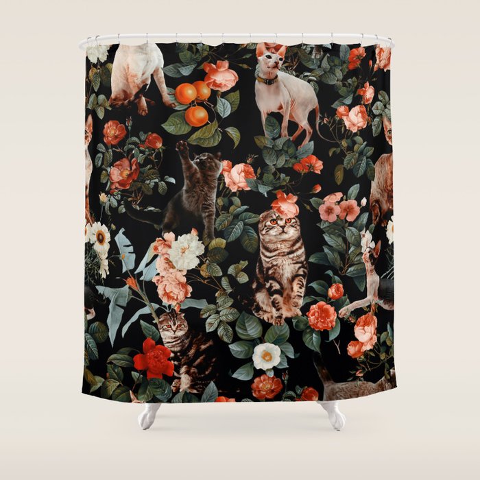 Cat And Floral Pattern Ii Shower Curtain