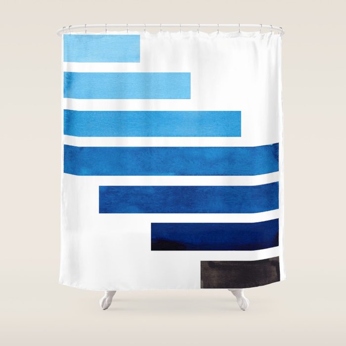 Prussian Blue Midcentury Modern Minimalist Staggered Stripes Rectangle Geometric Aztec Pattern Water Shower Curtain