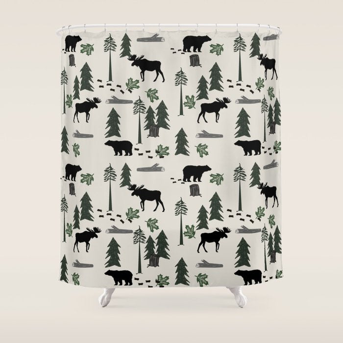Camping Woodland Forest Nature Moose Bear Pattern Nursery Gifts Shower Curtain