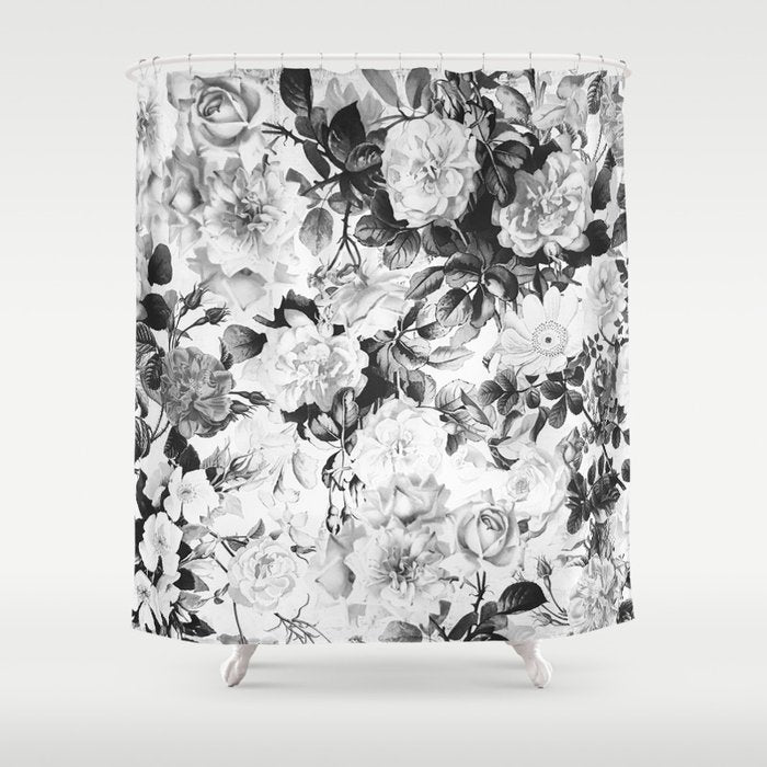 Black Gray Modern Watercolor Roses Floral Pattern Shower Curtain