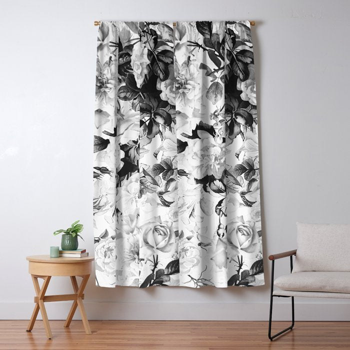 Black Gray Modern Watercolor Roses Floral Pattern Window Curtain