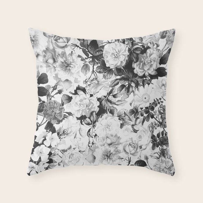 Black Gray Modern Watercolor Roses Floral Pattern Throw Pillow
