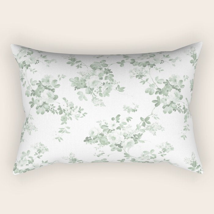 Elegant Vintage Green White Roses Shabby Floral Rectangular Pillow