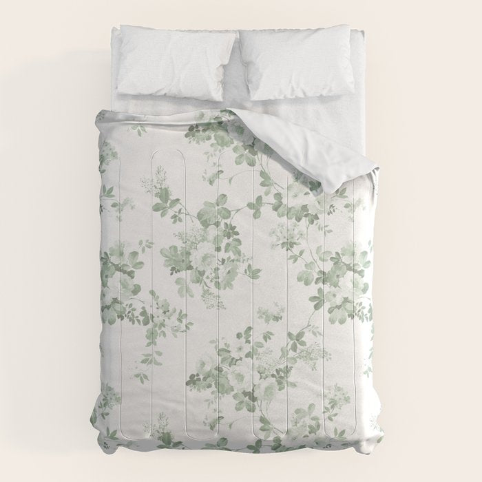 Elegant Vintage Green White Roses Shabby Floral Comforter