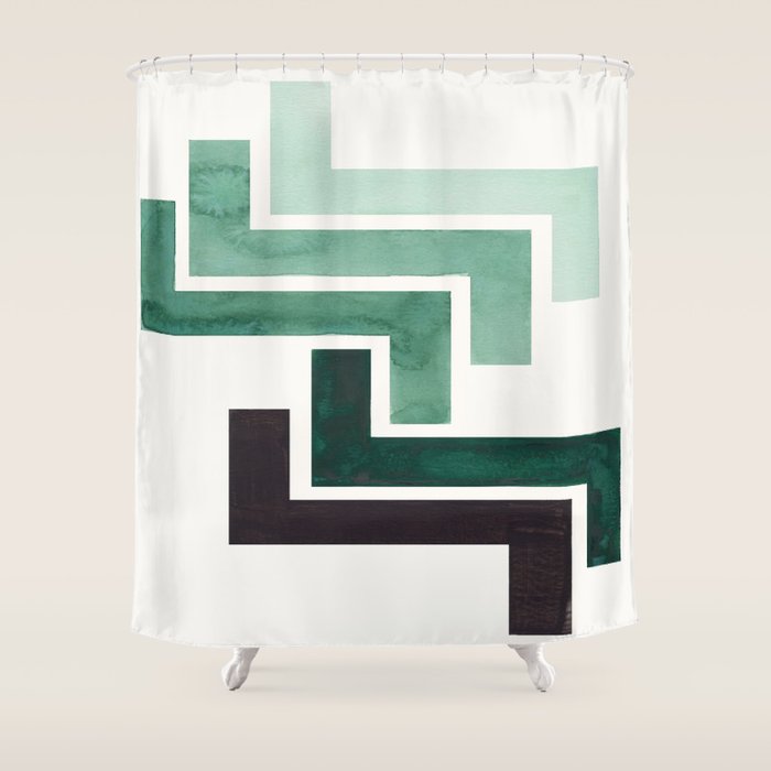 Deep Green Pattern Mid-Century Modern Simple Geometric Pattern Watercolor Minimalist Art Squares Shower Curtain