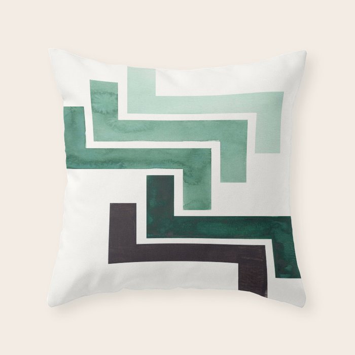 Deep Green Pattern Mid-Century Modern Simple Geometric Pattern Watercolor Minimalist Art Squares Throw Pillow